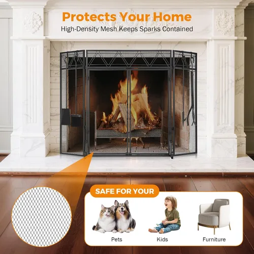 Vista 6 de BEAMNOVA - Pantalla para chimenea de 50.2 x 34.3 pulgadas, color negro, con puertas y herramientas, protector contra chispas de 3 paneles, plegable