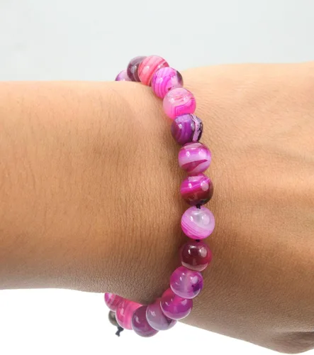 Vista 4 de Pulsera de piedras preciosas de ágata de Botswana, cuentas redondas, color magenta, ajustable, rosa, 7 "- 8 pulgadas de longitud, unisex