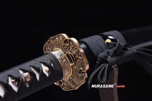Vista 3 de MURASAME Wakizashi Sword T10 - Arcilla de acero templada real Hamon Full Tang muy afilada Negro-Shinogi