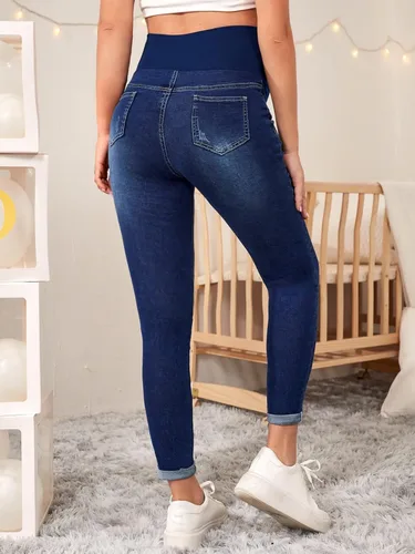 Vista 2 de Floerns Pantalones de mezclilla de maternidad de cintura alta con dobladillo rasgado, con bolsillo para mujer