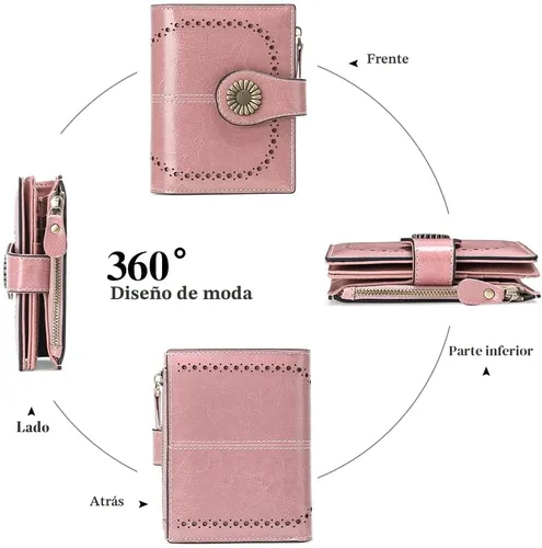 Vista 4 de SENDEFN - Billetera pequeña para mujer de cuero con doble solapa, portatarjetas con bloqueo RFID, bolsillo con cremallera para monedas 1-cera-rosa