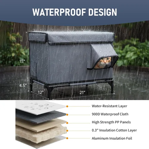 Vista 4 de Casa climatizada para gatos al aire libre con almohadilla térmica para invierno, resistente a la intemperie, aislamiento impermeable, puertas