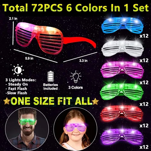 Vista 3 de Paquete de 72 lentes LED que brillan en la oscuridad, suministros de fiesta, palillos luminosos, regalos de fiesta, adultos y niños, gafas de sol