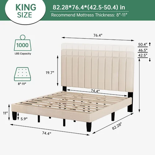 Vista 2 de Base de cama tamaño King con cabecero, cama de plataforma de lino con cabecera tapizada suave de altura ajustable, 10 piezas de soporte de listones