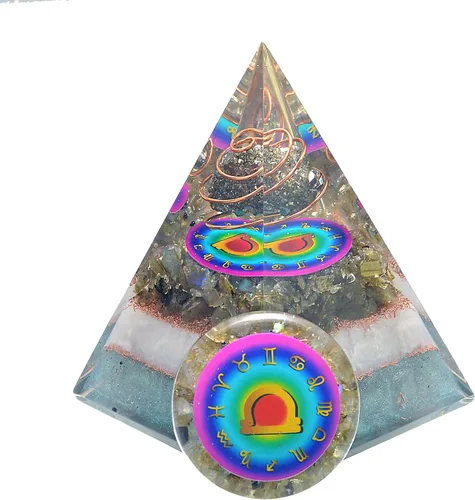 Vista 12 de Juego de pirámide de orgón y piedra de palmera de horóscopo, cristal curativo de acuario, signo del zodiaco, hecho de pirita y angelita para calma