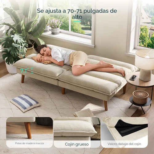 Vista 6 de LINSY Sofá cama futón de pana de 71 pulgadas con respaldo ajustable, futones plegables convertibles para espacios pequeños, salas de estar Beige