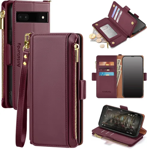 Vista 9 de Antsturdy Funda compatible con Google Pixel 6a con tarjetero para mujeres y hombres, funda de teléfono con bloqueo RFID, de piel sintética, a prueba