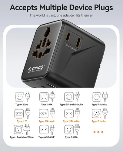 Vista 5 de ORICO Adaptador de viaje universal con 2 CA 2 USB-C y 1 conector USB-A, adaptador de corriente internacional PD 20W, cargador de pared esencial