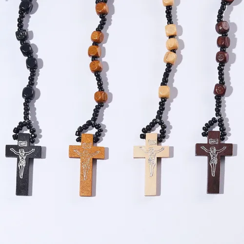 Vista 3 de Stuppendux Collar de rosario de cuentas de madera, cruz, crucifijo, oración católica, Jesús, para hombres y mujeres
