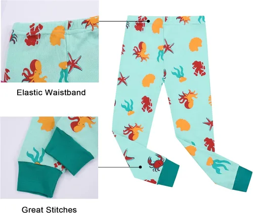 Vista 7 de Benaive Pijama para niños, pijama de algodón para niño, conjunto de pantalones de 4 piezas para niños