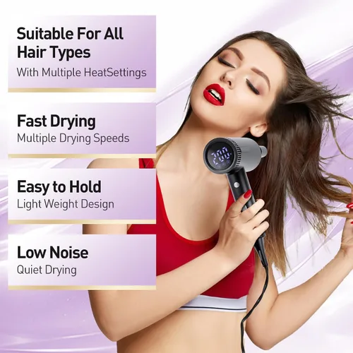 Vista 6 de Secador de pelo, secador iónico de alta velocidad, potente motor de 1600 vatios para secado rápido y cabello lacio y ondulado, plegable, ligero