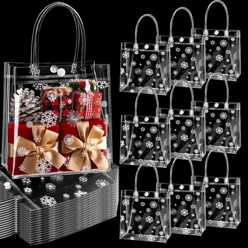 Vista 8 de Gueevin 60 piezas de bolsas de regalo de Navidad transparentes con asas, bolsas de plástico a granel para dulces, con temática de copo de nieve