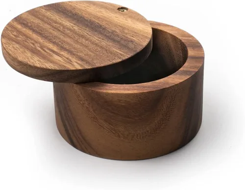 Vista 3 de AnNafi® Caja de madera para bodega con cubierta giratoria Caja de especias de bambú para cocina, soporte clásico para sal y pimienta con tapa