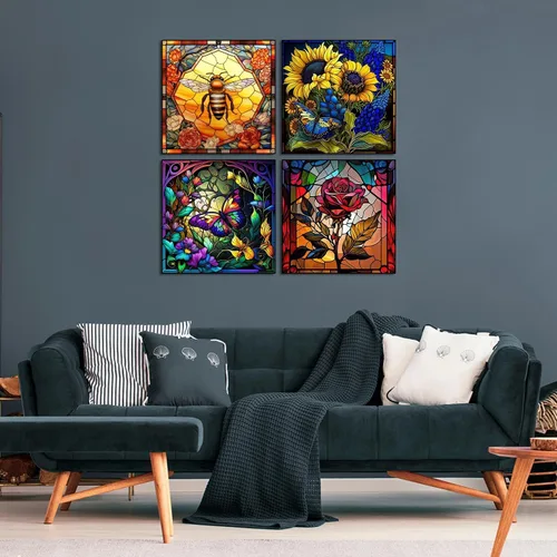 Vista 3 de Paquete de 4 kits de pintura artística de diamantes para adultos, vidrieras de perforación completa de puntos de diamante para principiantes