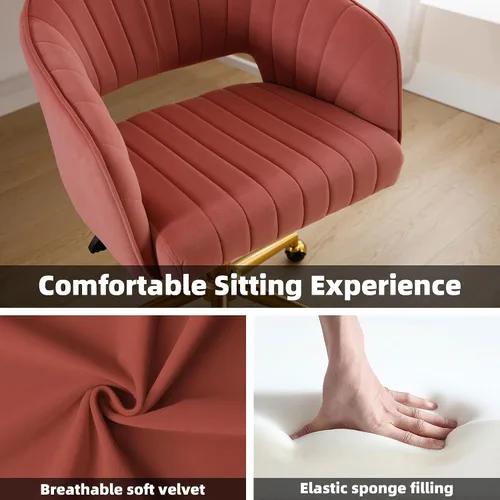 Vista 6 de Sillas de escritorio para oficina en casa Westice, silla de escritorio de terciopelo moderna, silla giratoria de tocador con base dorada ajustable