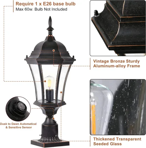 Vista 8 de Luces de poste para exteriores de 24 pulgadas con sensor de anochecer a amanecer, farol de aluminio grande para montaje en muelle de poste de poste