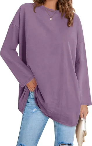 Vista 37 de Fisoew Camisetas de manga larga para mujer, holgadas, casuales, con cuello redondo, blusa suave