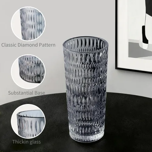 Vista 5 de Puraville Paquete de 2 vasos de vidrio de 18 onzas con tapas y pajitas, cristalería gruesa con patrón de diamante vintage para whisky, cóctel