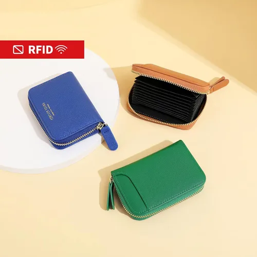 Vista 3 de JIUFENG Cartera de tarjetas de crédito con bloqueo RFID para mujer, cremallera alrededor del tarjetero, Gris