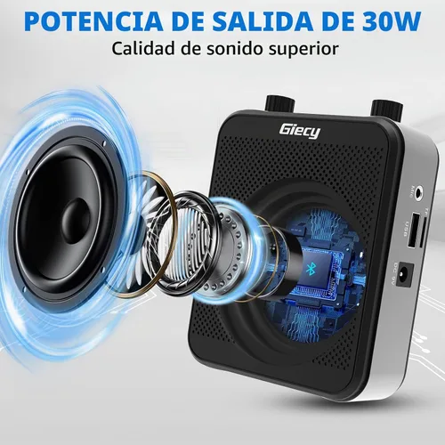 Vista 3 de Amplificador de voz portátil de 30 W con auriculares con micrófono cableado, sistema PA recargable de 2800 mAh, altavoz con micrófono personal