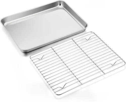Vista 12 de E-far Bandeja pequeña de metal para horno tostador con juego de estante, bandeja para hornear de 9.4 x 7.3 pulgadas con rejilla de enfriamiento