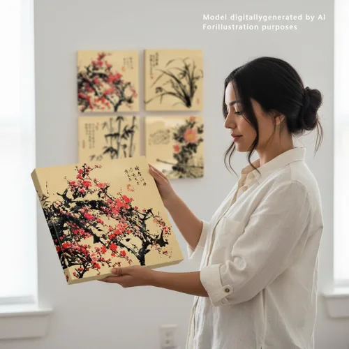 Vista 3 de JiazuGo Lienzo decorativo asiático oriental para pared, cuadros chinos para decoración estética de dormitorio, juego de 4 obras de arte estiradas