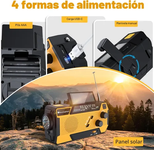 Vista 5 de Radio de emergencia con manivela meteorológica: Radio meteorológica AM/FM/NOAA con 3 cables incorporados - Radio manual con manivela de 2000mAh