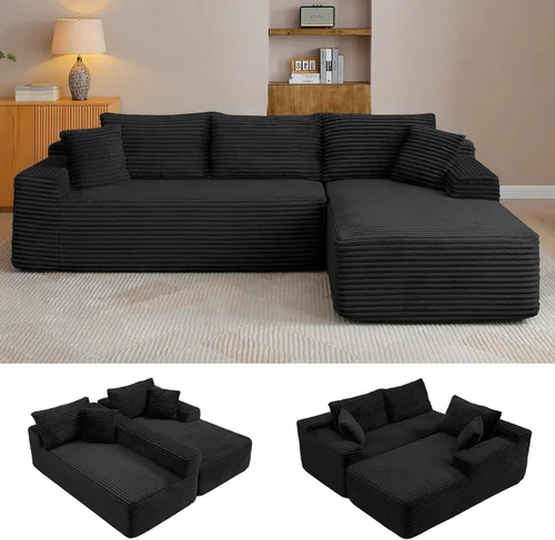 Vista 17 de Sofá modular en forma de L de 108 pulgadas, sofá modular sin hueso para sala de estar, cómodo sofá esponjoso de pana con asiento profundo Camel