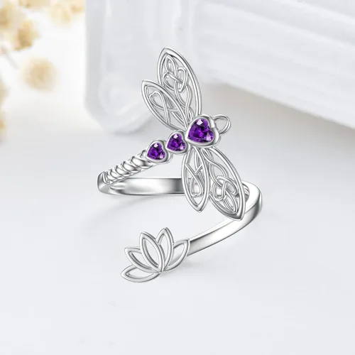 Vista 3 de RMREWY Anillo ajustable de plata de ley 925 con piedra natal de libélula celta, regalo de cumpleaños para mujeres, amantes de la libélula