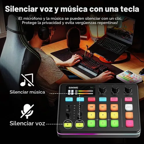 Vista 7 de [Usado] Mezclador de audio para gaming SINWE G1, interfaz de audio RGB con preamplificador profesional, Bluetooth, mezclador de PC para streaming