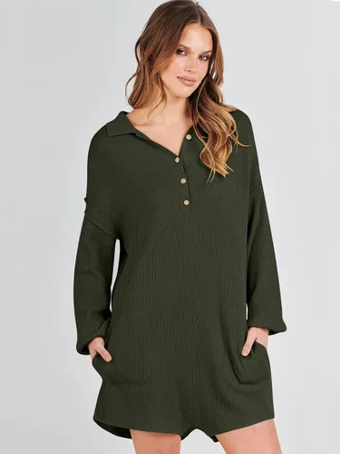 Vista 4 de ANRABESS Enterizo de suéter para mujer, trajes de otoño 2023, a la moda, largo, Henley, cuello en V, overol de punto para descansar