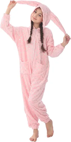 Vista 2 de WOYASIM Disfraz de franela para niños, disfraz de conejo de Pascua con lunares para niñas y niños, lindo conejo rosa