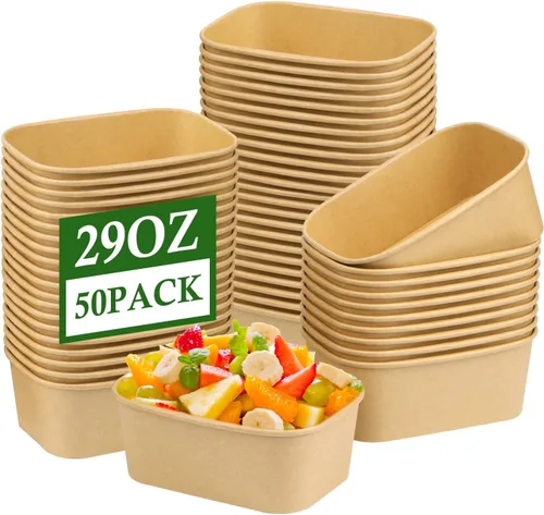 Vista 14 de Paquete de 25 cuencos de papel de 19 onzas, recipientes desechables con tapas, cuencos rectangulares desechables con tapas, cuencos de ensalada