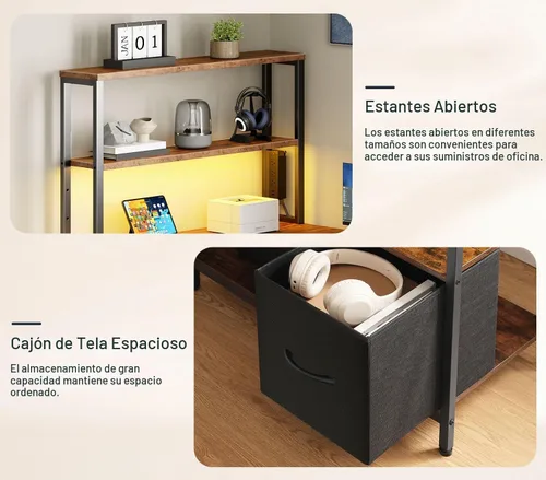 Vista 7 de HOOBRO BF18UDDN01 - Escritorio para juegos en forma de L, escritorio reversible para computadora de 46 pulgadas con luz LED y toma de corriente
