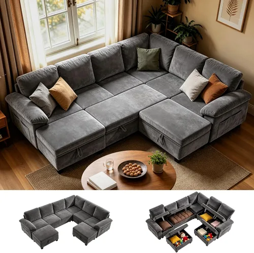 Vista 20 de 86" L-Shaped Sectional Sleeper Couch, Modular Pull-Out Storage Sofa Bed Green