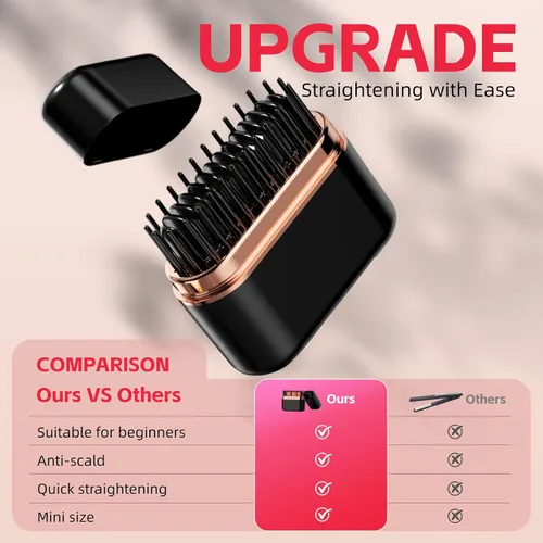 Vista 7 de Mini cepillo alisador de pelo, alisador de pelo portátil, peine alisador de viaje inalámbrico para mujeres, cepillo de calentamiento rápido
