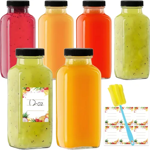 Vista 12 de Botellas de jugo de vidrio de 8 onzas con tapas, paquete de 3 - Frascos reutilizables pequeños para jugos verdes, shots y batidos