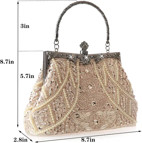 Vista 2 de DA BODAN Bolso de noche para mujer estilo vintage con cuentas y lentejuelas y perlas bolso de hombro para boda novia fiesta de graduación