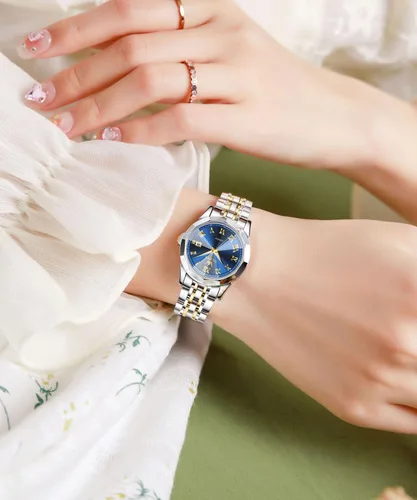 Vista 7 de OLEVS Reloj de pulsera para mujer, elegante, con diamantes, analógico, de cuarzo, de dos tonos, de acero inoxidable, impermeable, luminoso, regalo