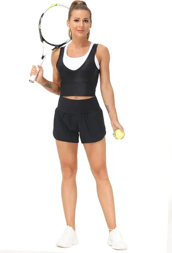 Vista 3 de THE GYM PEOPLE - Pantalones cortos de entrenamiento deportivos de cintura alta para mujer, de secado rápido, con forro de malla y bolsillos