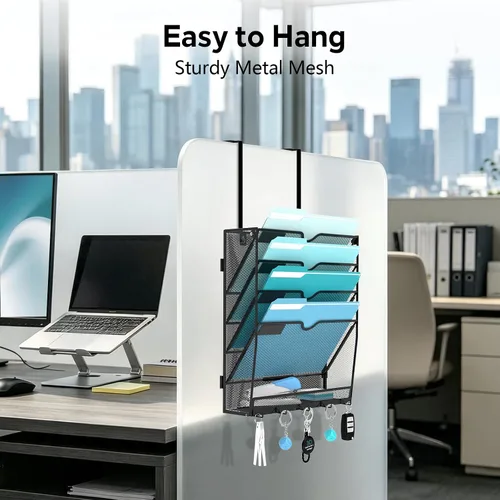 Vista 4 de 5 Tier Wall File Organizer, Metal Holder with Bottom Hooks Negro