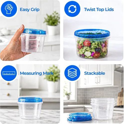 Vista 4 de RFAQK 24 recipientes de almacenamiento para congelador con tapas - 12 recipientes de plástico para delicatessen de 16 oz con 12 tapas de rosca