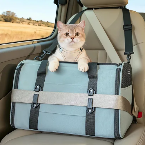 Vista 12 de PETSFIT Transportador de gatos de lados suaves con hebillas de seguridad patentadas, cremalleras bloqueables y correa de seguridad, transportador
