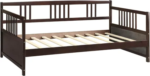 Vista 3 de Flieks Sofá cama de madera de tamaño individual, sofá cama multifuncional de madera maciza con soporte de 10 listones de madera (espresso)