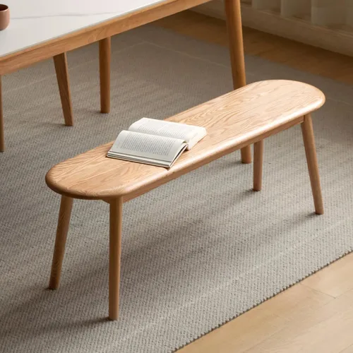 Vista 8 de Banco de entrada de madera de roble macizo de 47 pulgadas, banco de comedor con diseño redondeado en forma de baguette, banco de madera multiusos