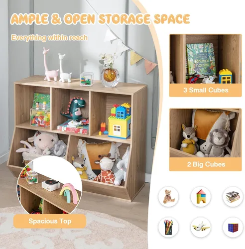 Vista 5 de Kids Bookshelf and Toy Organization,5 Cubby Open Wooden Playroom Organization and Storage, Toddler Bookshelf for Kid’s Room Bedroom Nursery