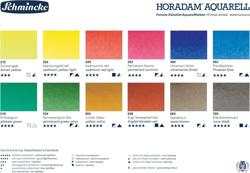 Vista 6 de Schmincke - Caja de color HORADAM AQUARELL con 12 mejores acuarelas, 74312097, caja de metal, juego de pintura, 12 x 1/1 sartenes