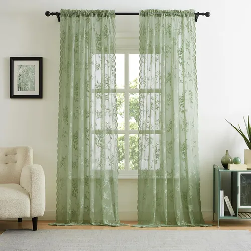 Vista 25 de Cortinas de encaje beige, juego de 2 paneles de cortinas traslúcidas con bolsillo para cortinero, decoración de ventana pequeña, baño, sótano