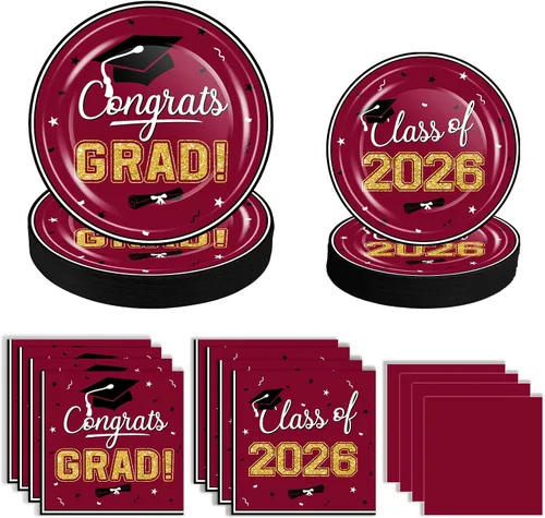 Vista 9 de Juego de vajilla de suministros para fiesta de graduación 2026, 100 platos y servilletas de graduación de oro azul para clase de 2026, vajilla