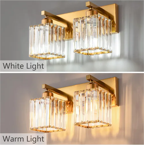 Vista 2 de Lámpara de cristal de pared moderna de latón cepillado dorado con 2 luces para tocador de baño Oro Recto